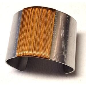 Artisan Wide Cuff Bracelet Silvertone Aluminum & Copper Wirewrapped Adjustable